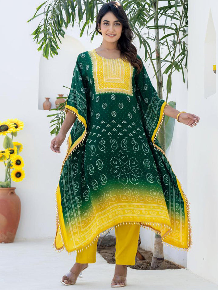 Green Yellow Kaftan Set with Pearl Embellished Tassles & Festive Bandhani Print