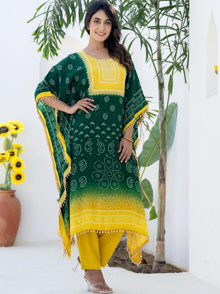 Green Yellow Kaftan Set with Pearl Embellished Tassles & Festive Bandhani Print