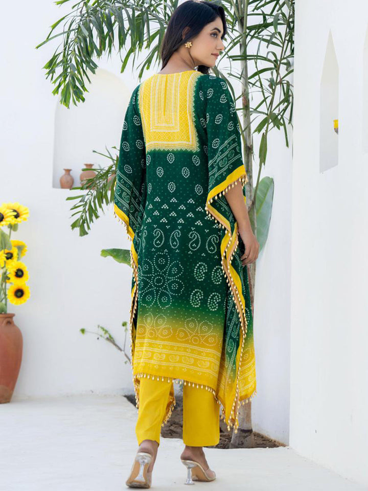 Green Yellow Kaftan Set with Pearl Embellished Tassles & Festive Bandhani Print