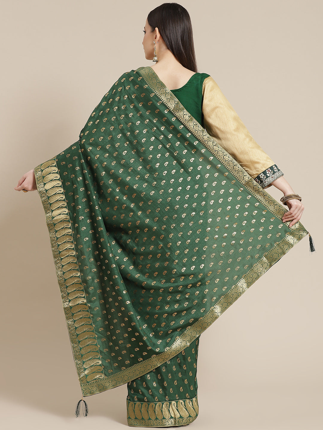 Foil Print Saree with Brocade Zari Borders, Paisleys & Matching Belt