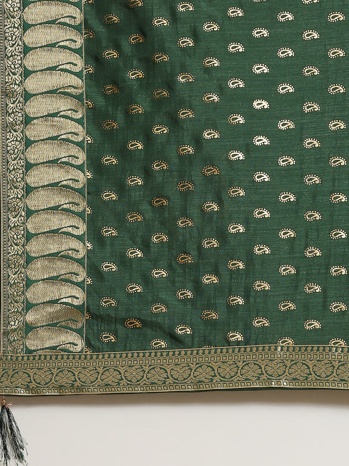 Foil Print Saree with Brocade Zari Borders, Paisleys & Matching Belt