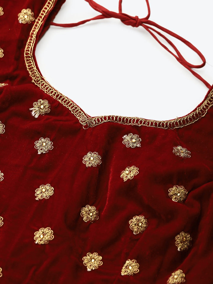 Maroon Velvet Bridal Semi-Stitched Lehenga Set with Gold Zardozi Embroidery & Crystals