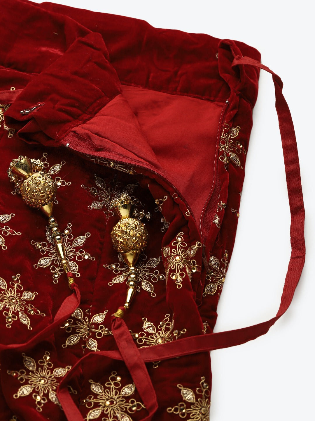 Maroon Velvet Bridal Semi-Stitched Lehenga Set with Gold Zardozi Embroidery & Crystals