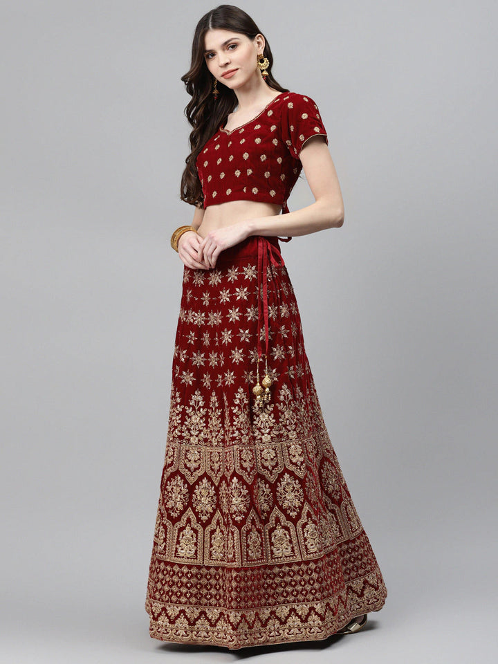 Maroon Velvet Bridal Semi-Stitched Lehenga Set with Gold Zardozi Embroidery & Crystals