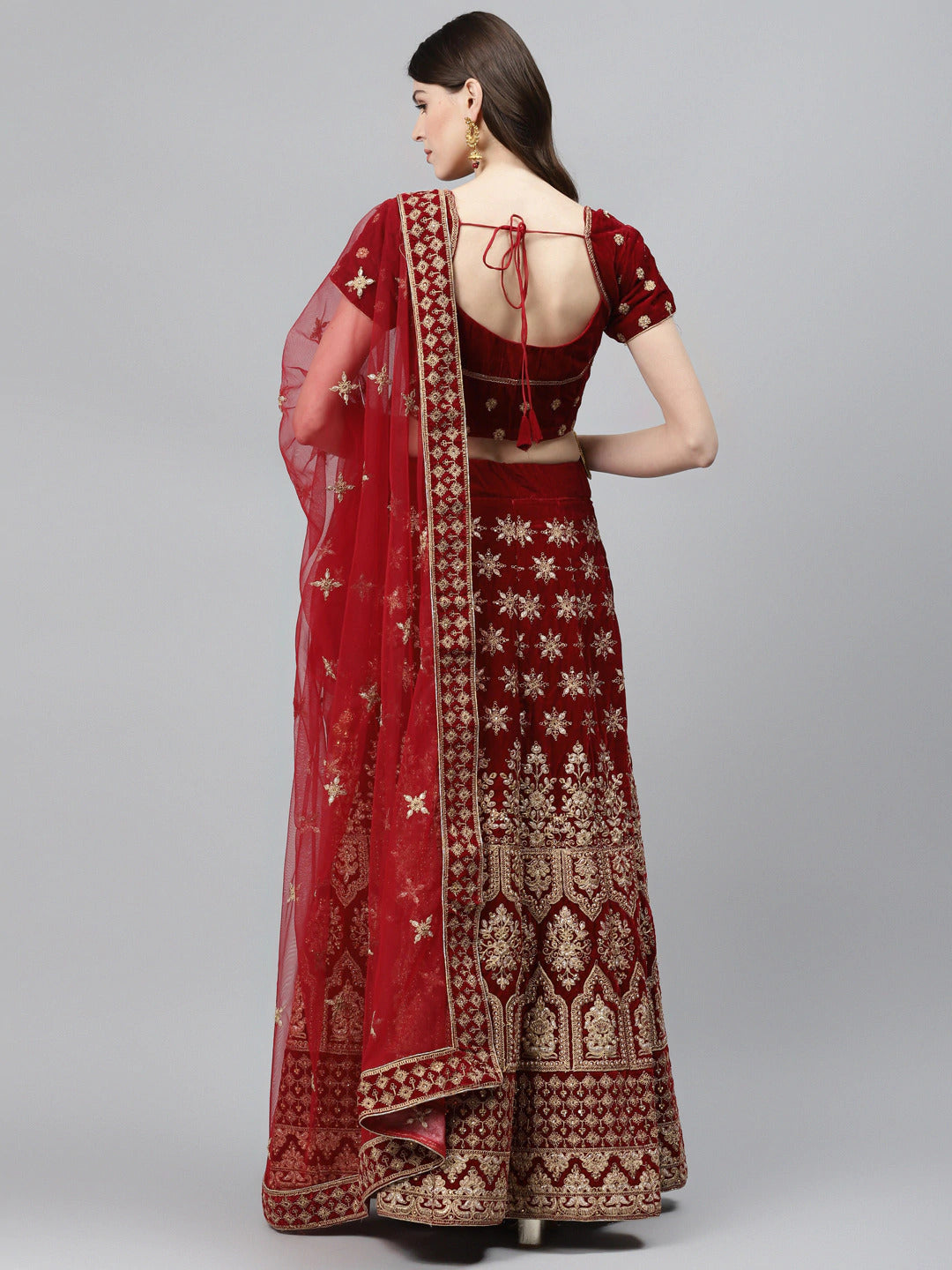 Maroon Velvet Bridal Semi-Stitched Lehenga Set with Gold Zardozi Embroidery & Crystals
