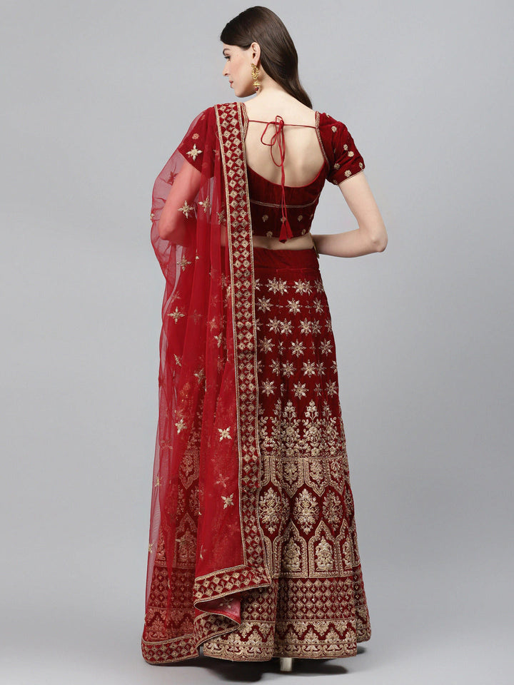 Maroon Velvet Bridal Semi-Stitched Lehenga Set with Gold Zardozi Embroidery & Crystals
