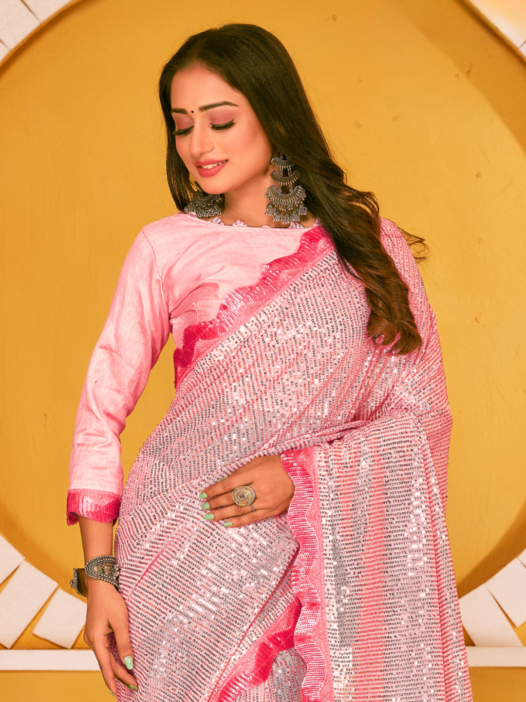 Allover Sequin Embroidered Party Wear Saree with Contrast Border