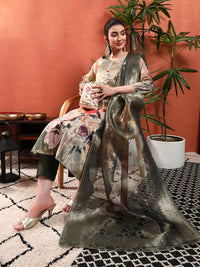 Digital Floral Print Organza Kurta Set with Gota Patti Embroidery & Handloom Dupatta