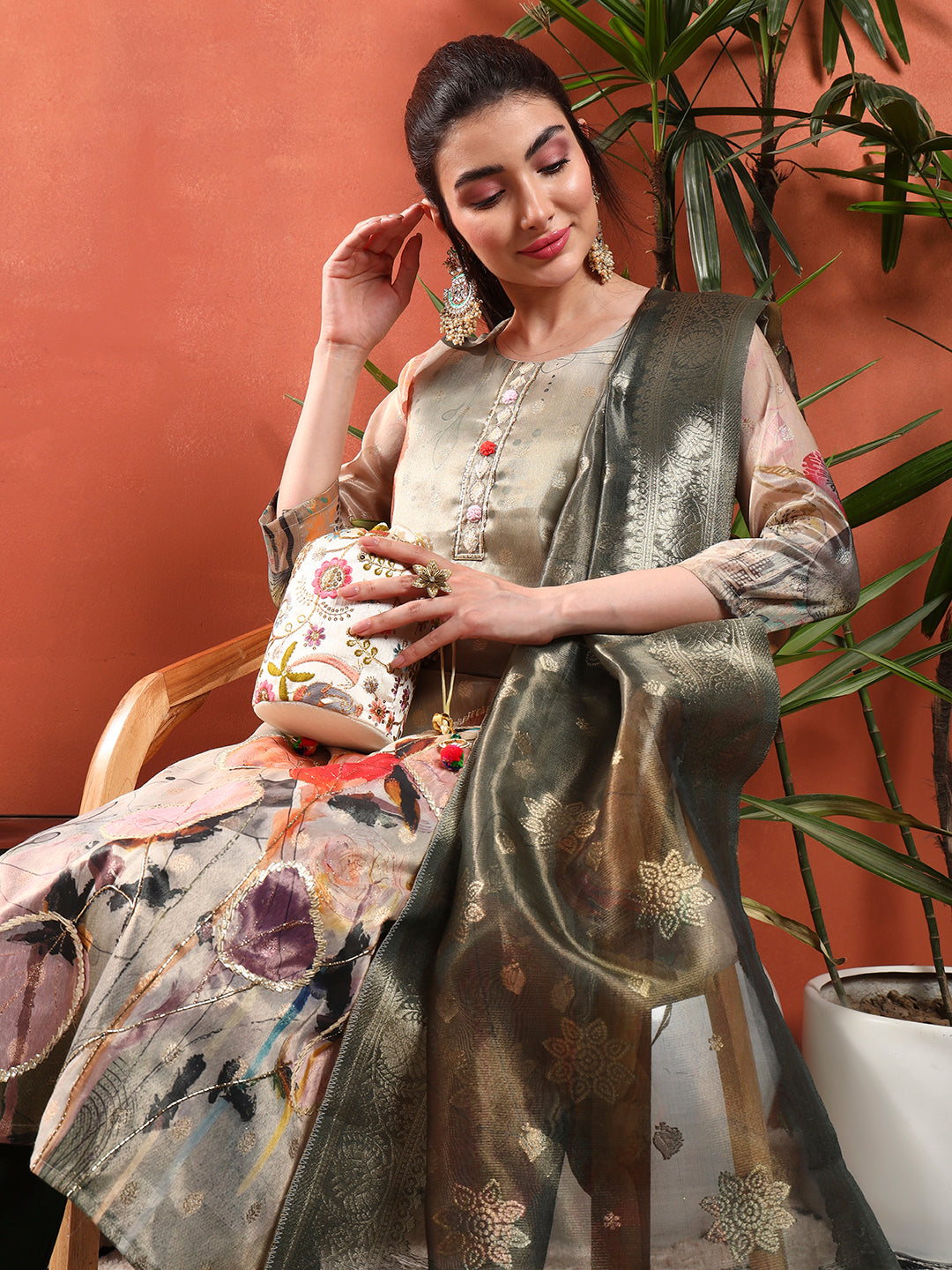 Digital Floral Print Organza Kurta Set with Gota Patti Embroidery & Handloom Dupatta