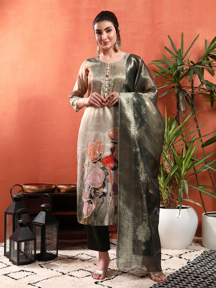 Digital Floral Print Organza Kurta Set with Gota Patti Embroidery & Handloom Dupatta