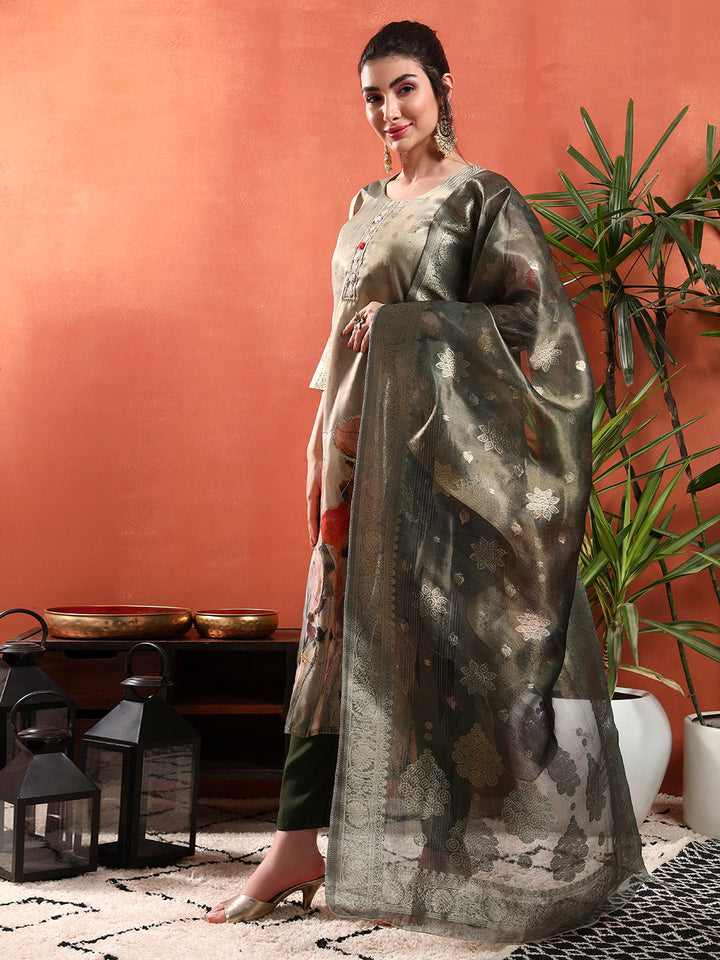 Digital Floral Print Organza Kurta Set with Gota Patti Embroidery & Handloom Dupatta