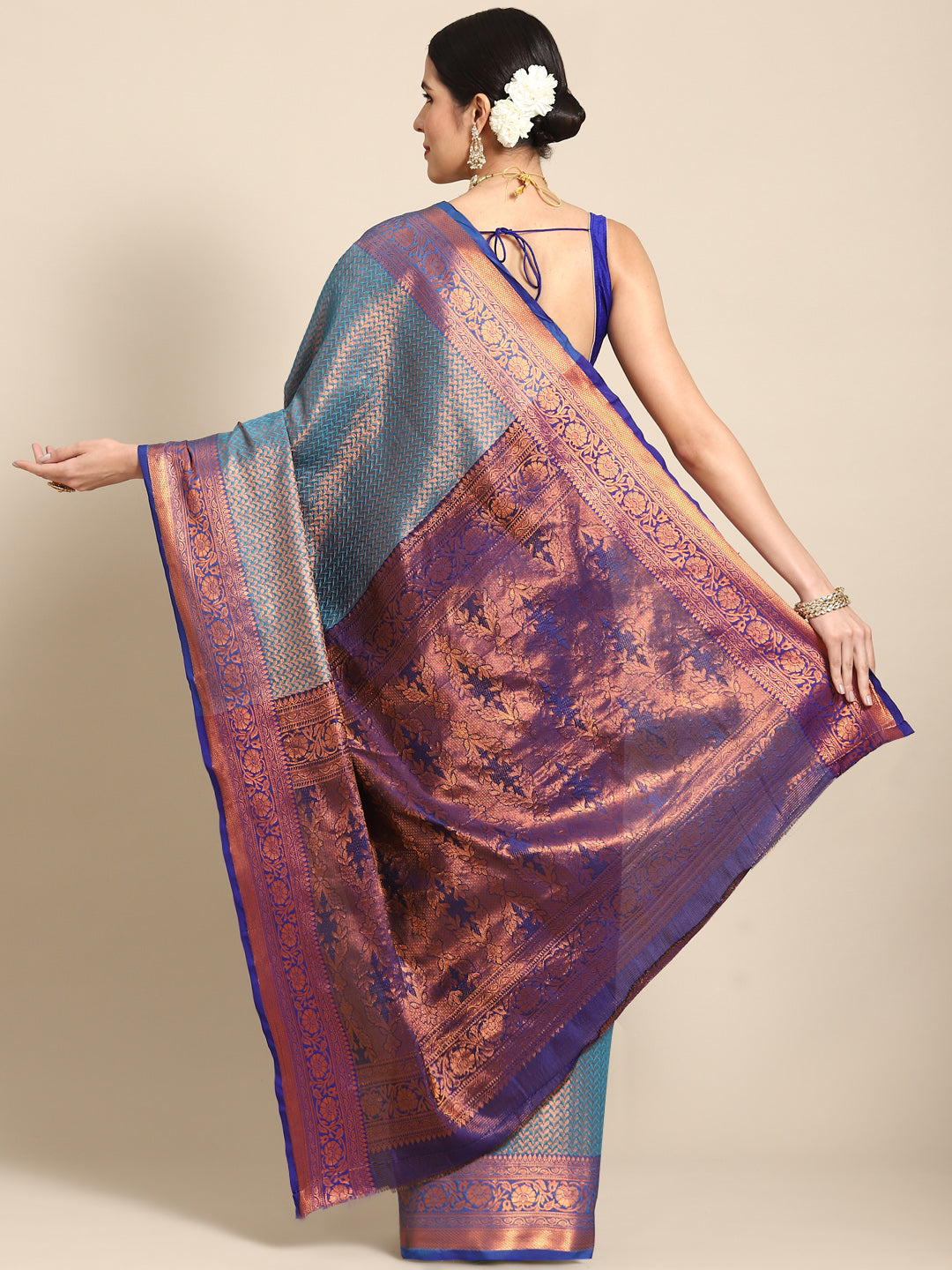 Teal Blue Kanjeevaram Oxidised Copper Zari Silk Saree
