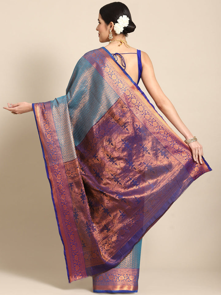 Teal Blue Kanjeevaram Oxidised Copper Zari Silk Saree