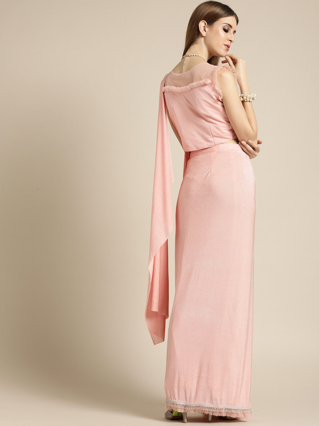 Ruffled Pre-Draped Lycra Cocktail Saree with Net Frills and Cutdana Tassled Border