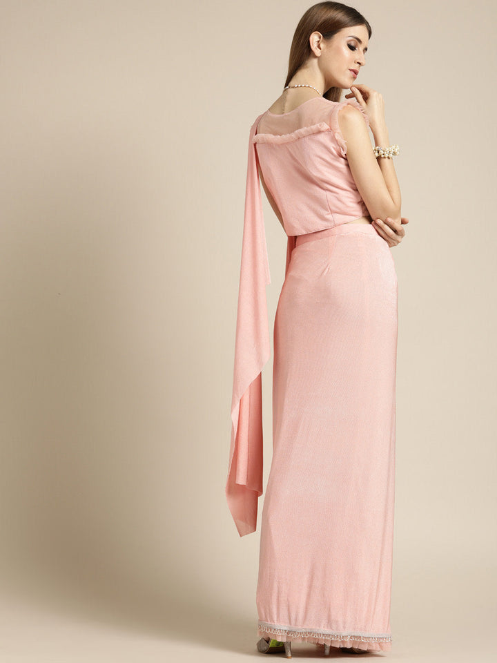 Ruffled Pre-Draped Lycra Cocktail Saree with Net Frills and Cutdana Tassled Border