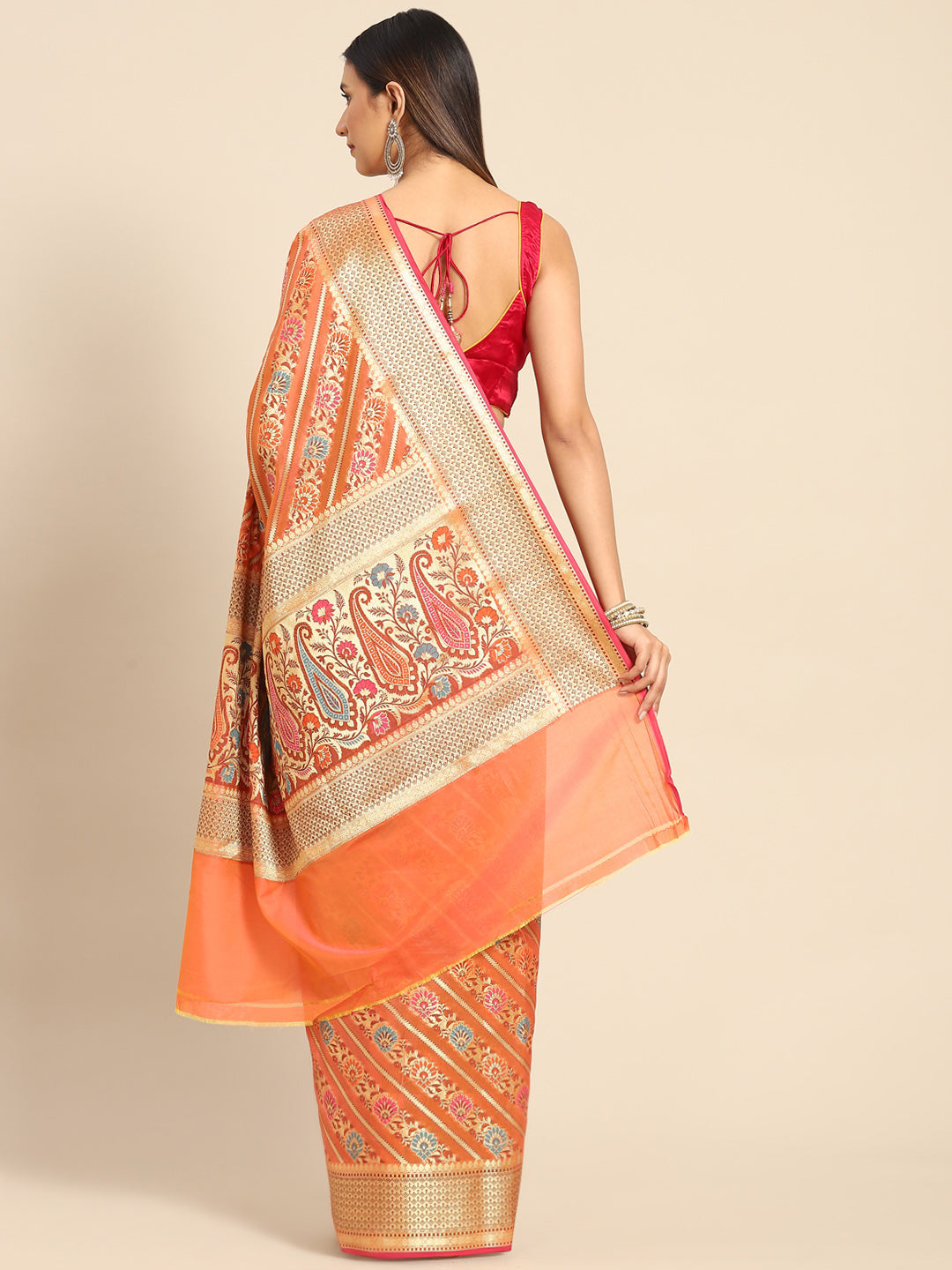 Orange Rust Banarasi Floral Resham & Zari Woven Soft Silk Saree