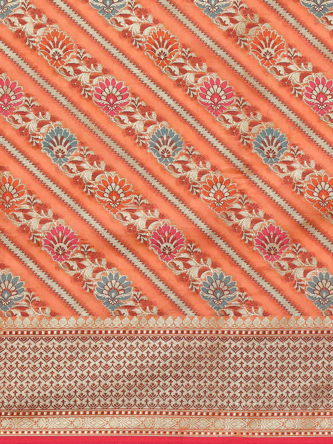 Orange Rust Banarasi Floral Resham & Zari Woven Soft Silk Saree