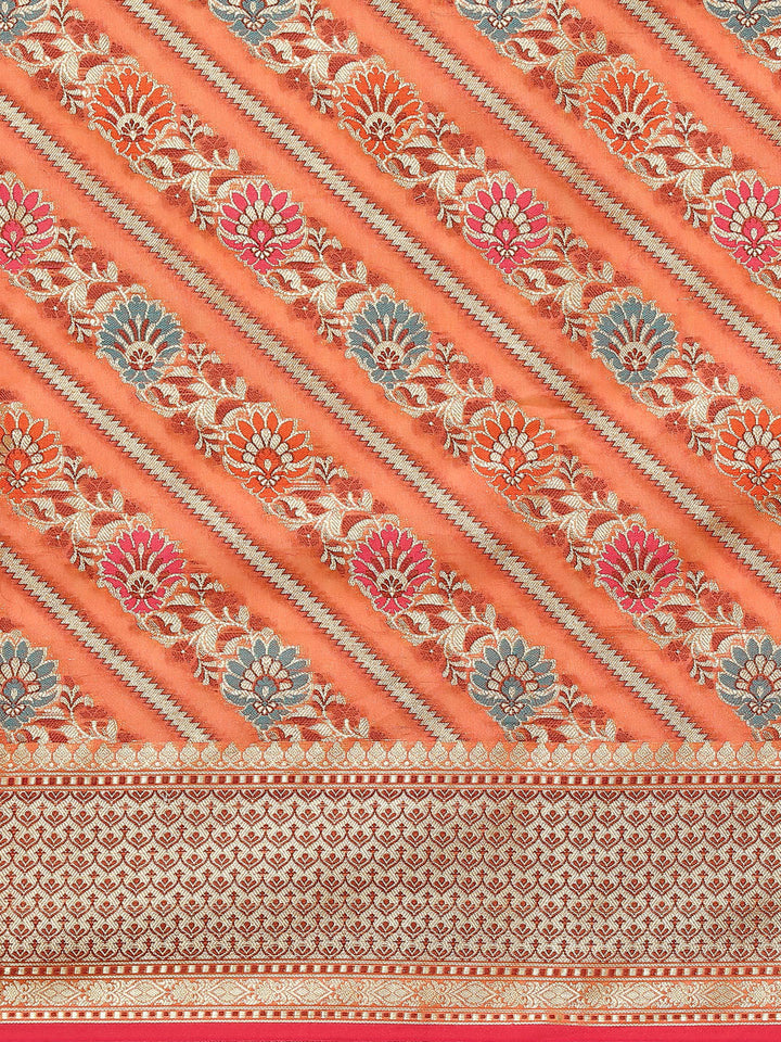 Orange Rust Banarasi Floral Resham & Zari Woven Soft Silk Saree