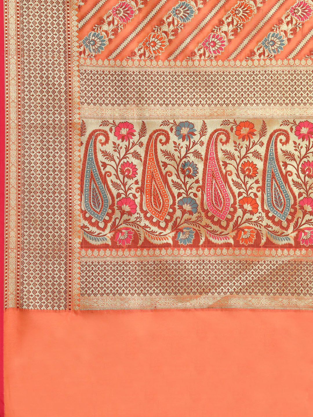 Orange Rust Banarasi Floral Resham & Zari Woven Soft Silk Saree