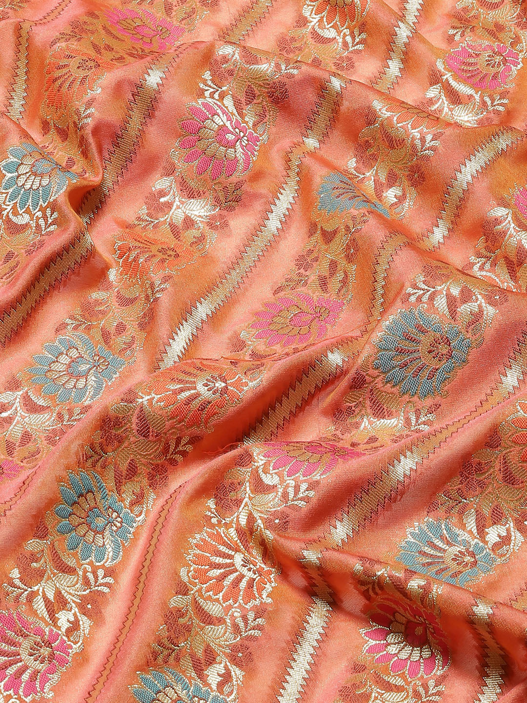 Orange Rust Banarasi Floral Resham & Zari Woven Soft Silk Saree