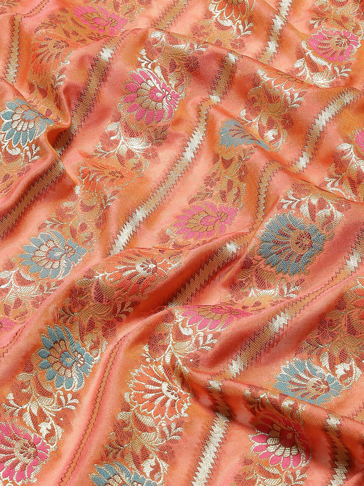 Orange Rust Banarasi Floral Resham & Zari Woven Soft Silk Saree