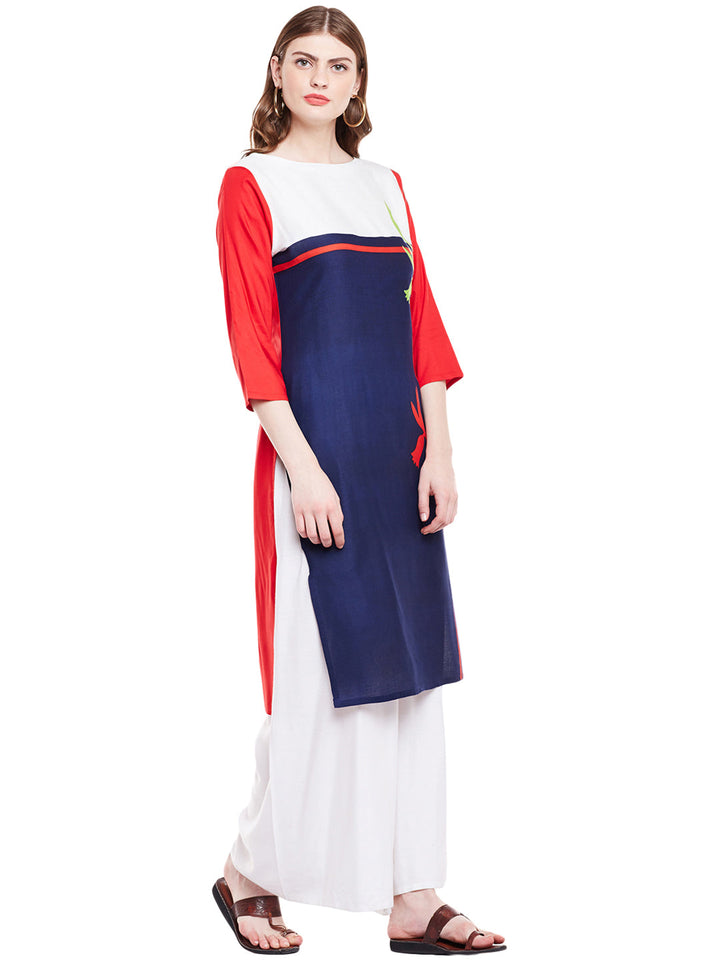 Blue & Red Cotton Casual Straight Readymade Kurti
