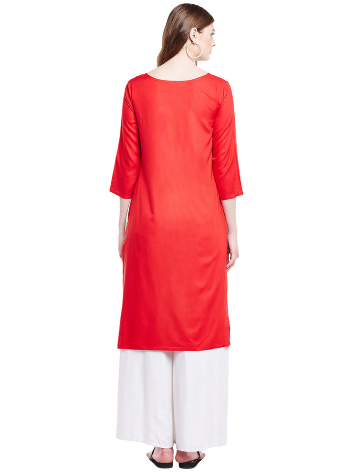 Blue & Red Cotton Casual Straight Readymade Kurti