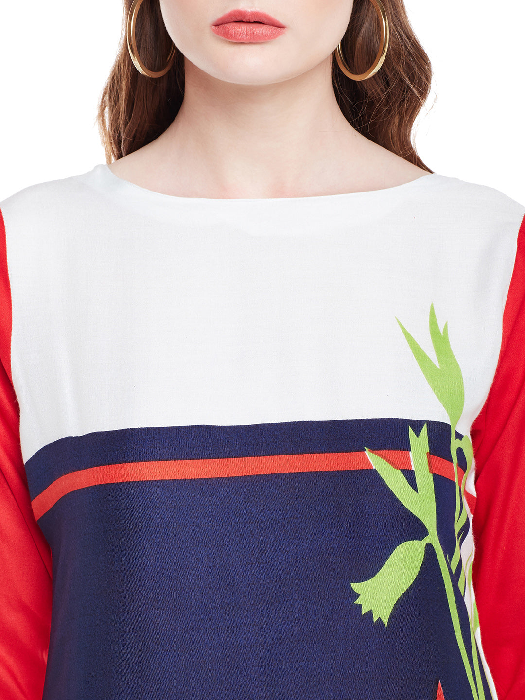 Blue & Red Cotton Casual Straight Readymade Kurti