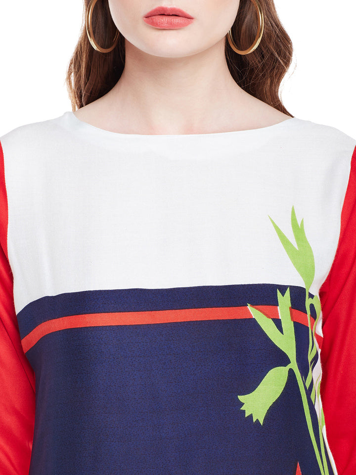 Blue & Red Cotton Casual Straight Readymade Kurti