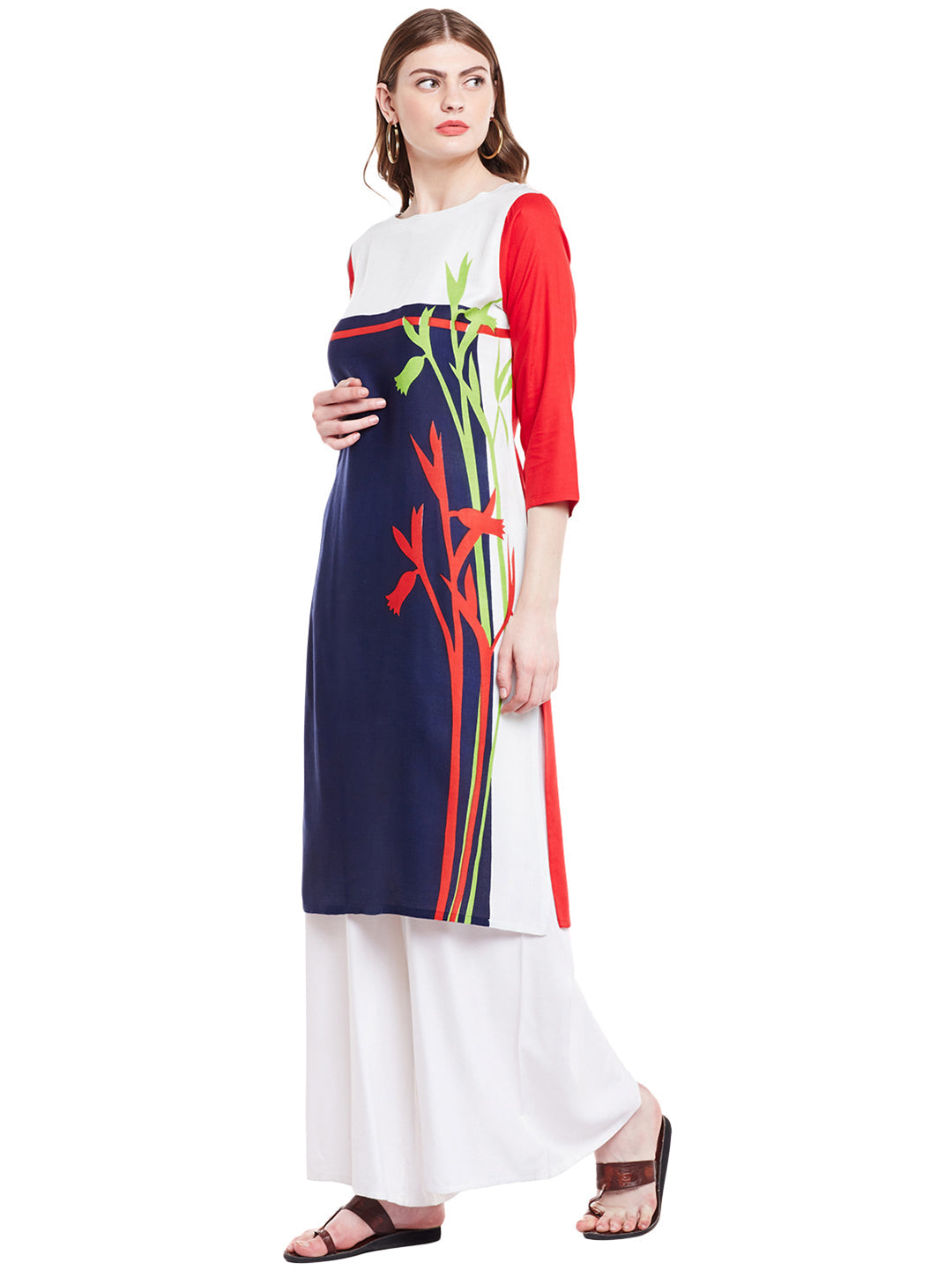 Blue & Red Cotton Casual Straight Readymade Kurti