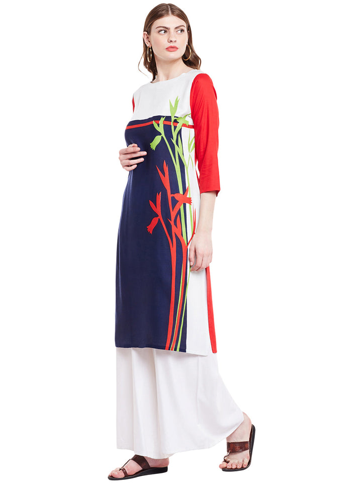 Blue & Red Cotton Casual Straight Readymade Kurti