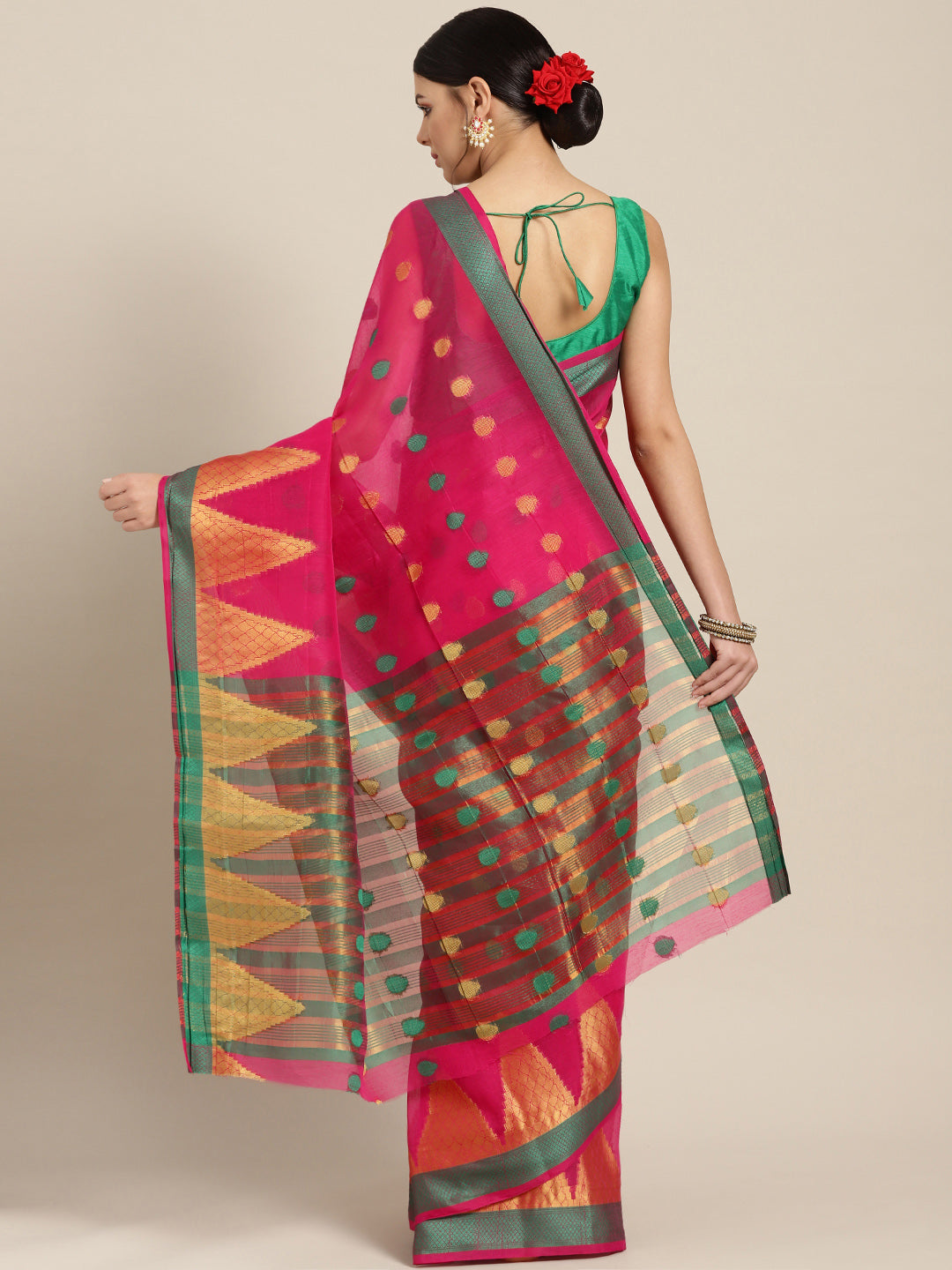 Pink Chanderi Silk Saree with Zari and Resham Weaving In A Traditional Temple Pattern
