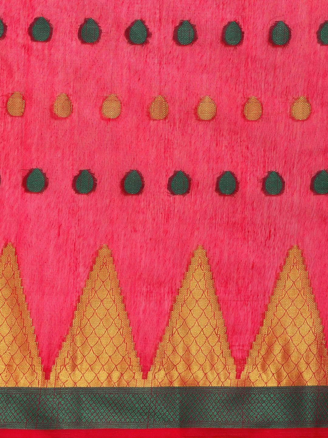 Pink Chanderi Silk Saree with Zari and Resham Weaving In A Traditional Temple Pattern