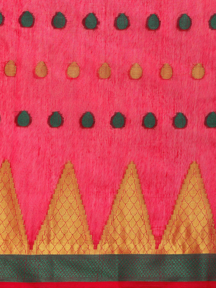 Pink Chanderi Silk Saree with Zari and Resham Weaving In A Traditional Temple Pattern