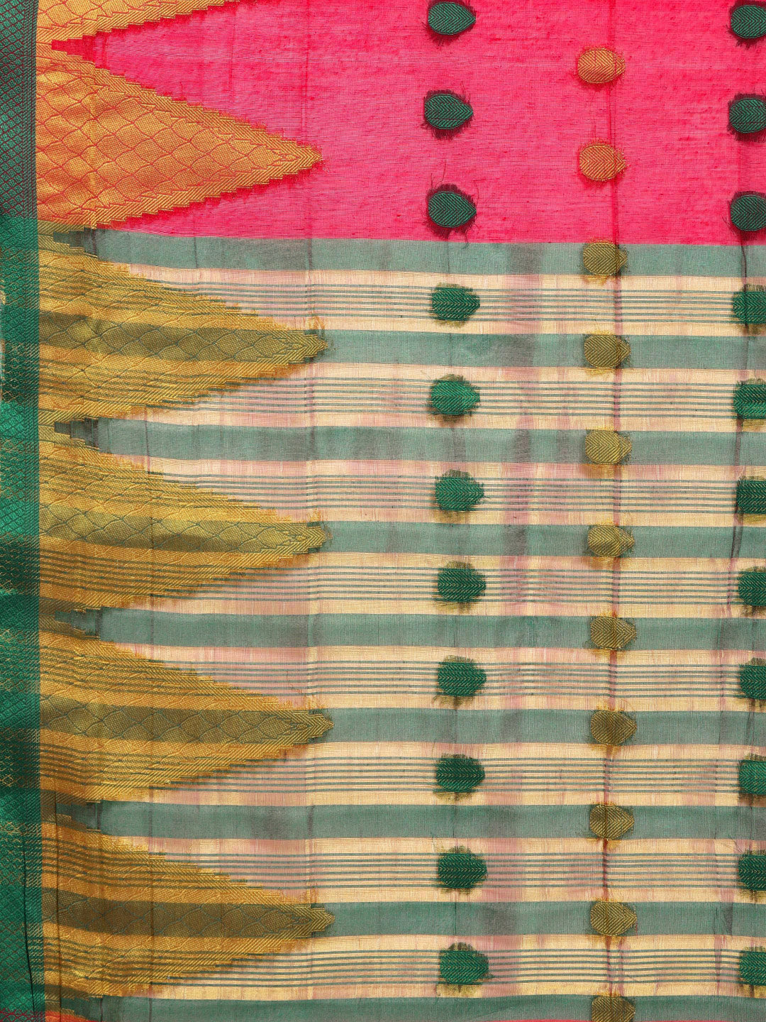 Pink Chanderi Silk Saree with Zari and Resham Weaving In A Traditional Temple Pattern