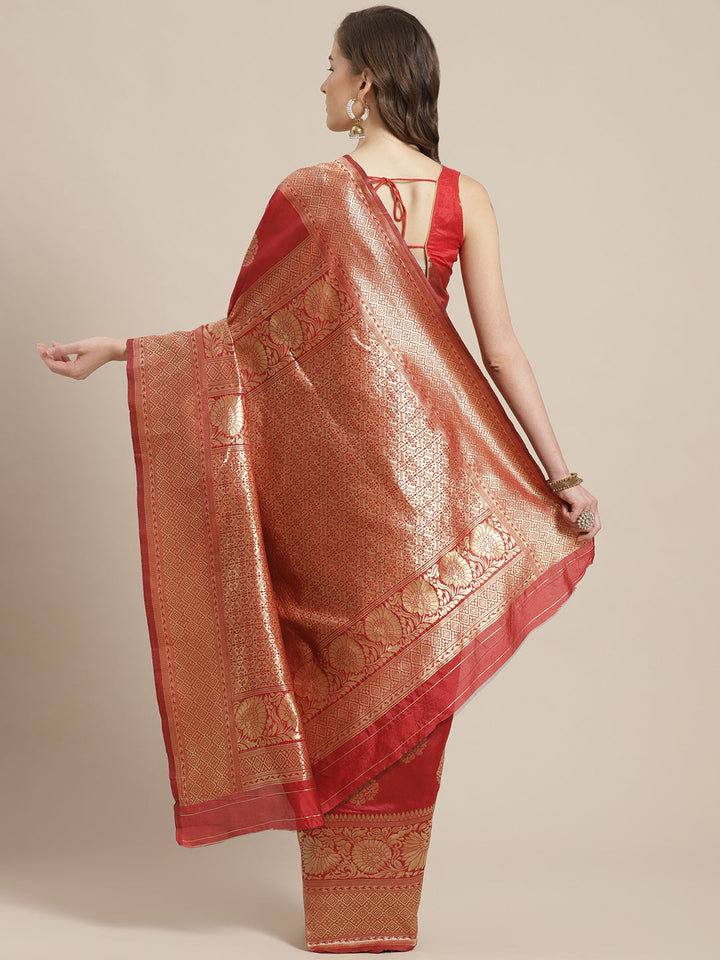 Banarasi Handloom Saree with Gold Zari Oxidised Weaving and Floral Ethnic Pattern