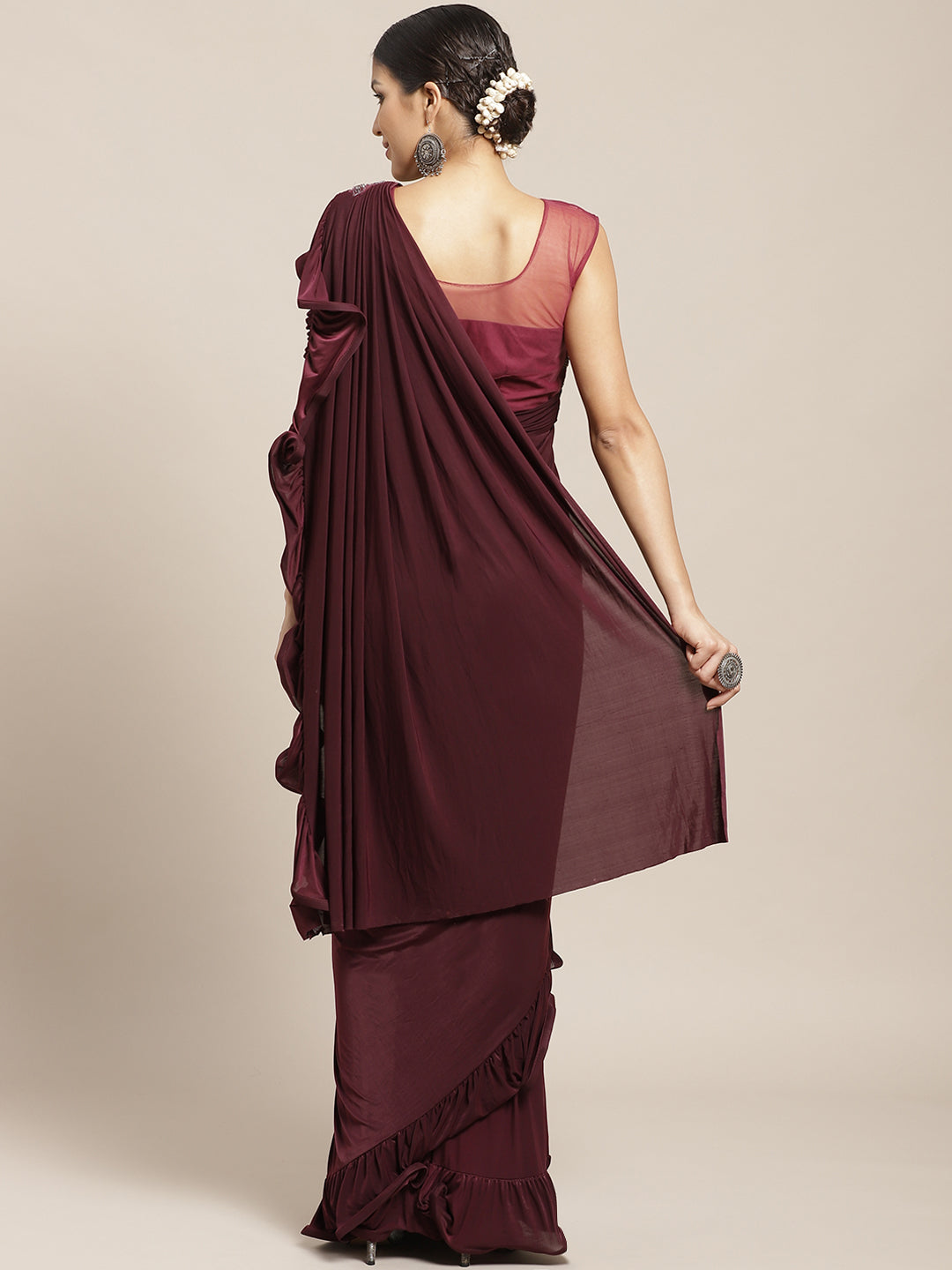 Burgundy Ruffled Pre-Draped Lycra Saree with Frills and Net Oxidised Embroidery Blouse