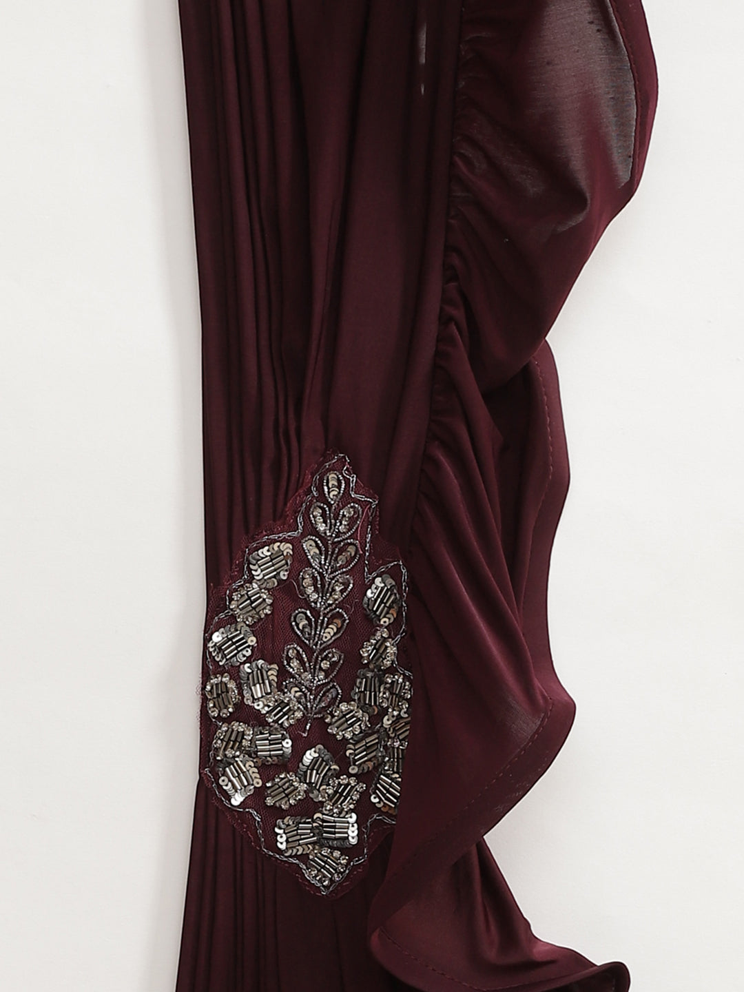 Burgundy Ruffled Pre-Draped Lycra Saree with Frills and Net Oxidised Embroidery Blouse