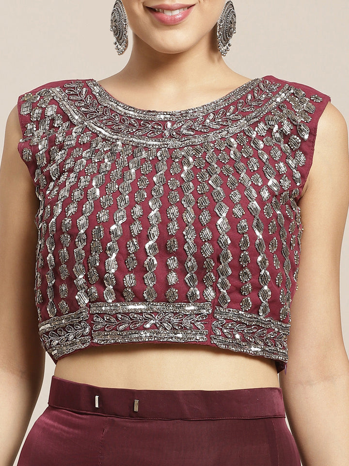 Burgundy Ruffled Pre-Draped Lycra Saree with Frills and Net Oxidised Embroidery Blouse