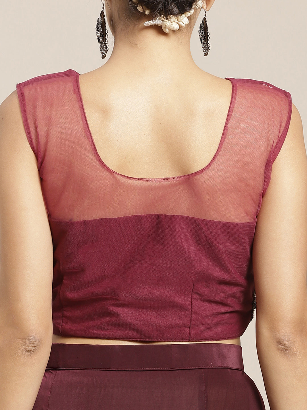 Burgundy Ruffled Pre-Draped Lycra Saree with Frills and Net Oxidised Embroidery Blouse
