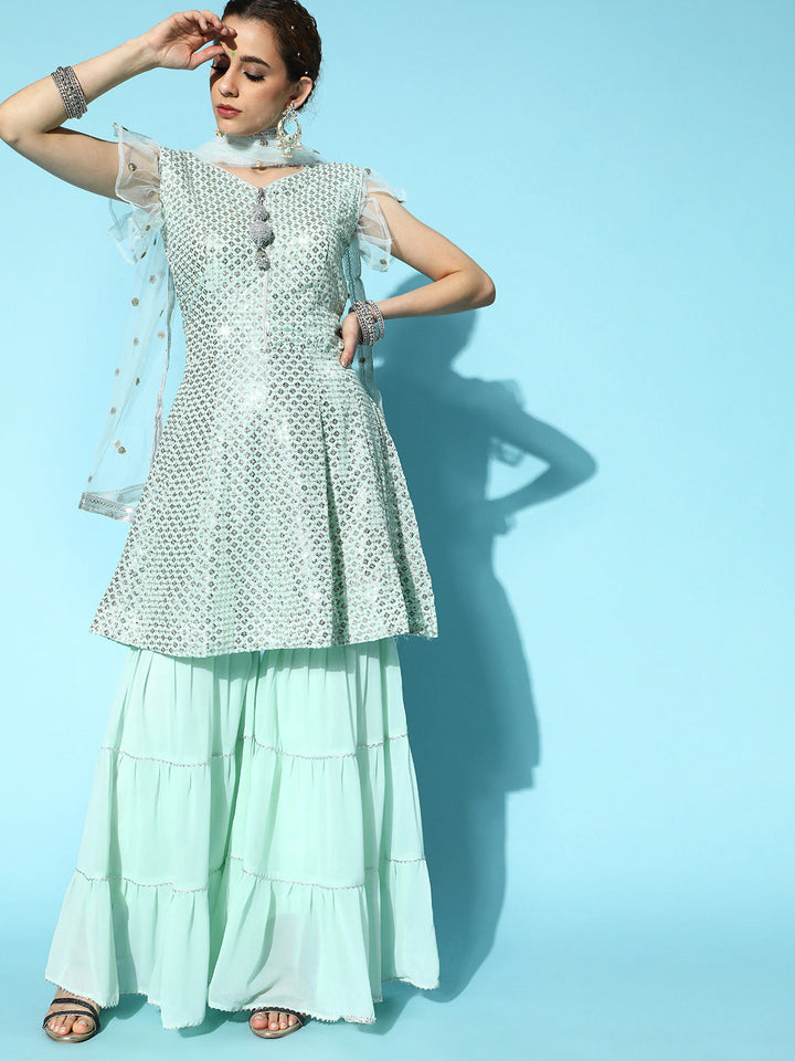 Peplum Flared Suit with Tiered Sharara & Net Dupatta