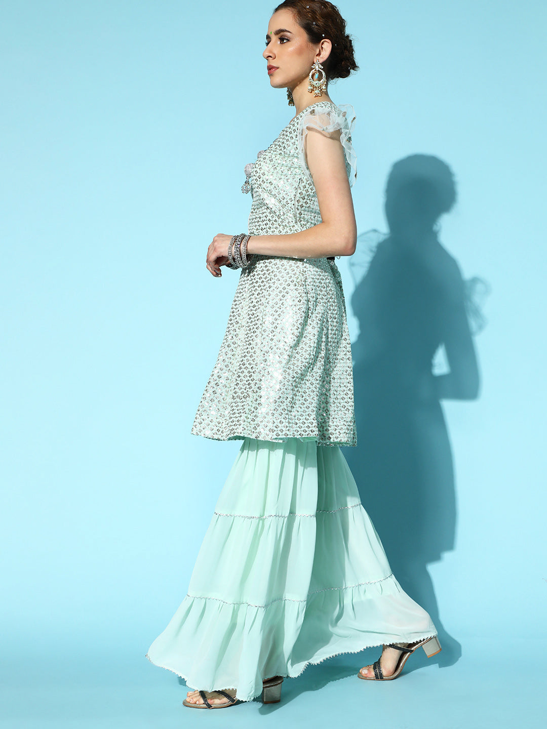 Peplum Flared Suit with Tiered Sharara & Net Dupatta