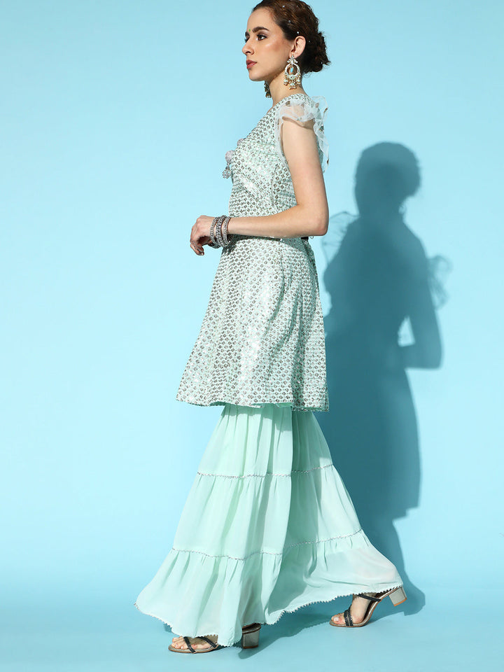 Peplum Flared Suit with Tiered Sharara & Net Dupatta