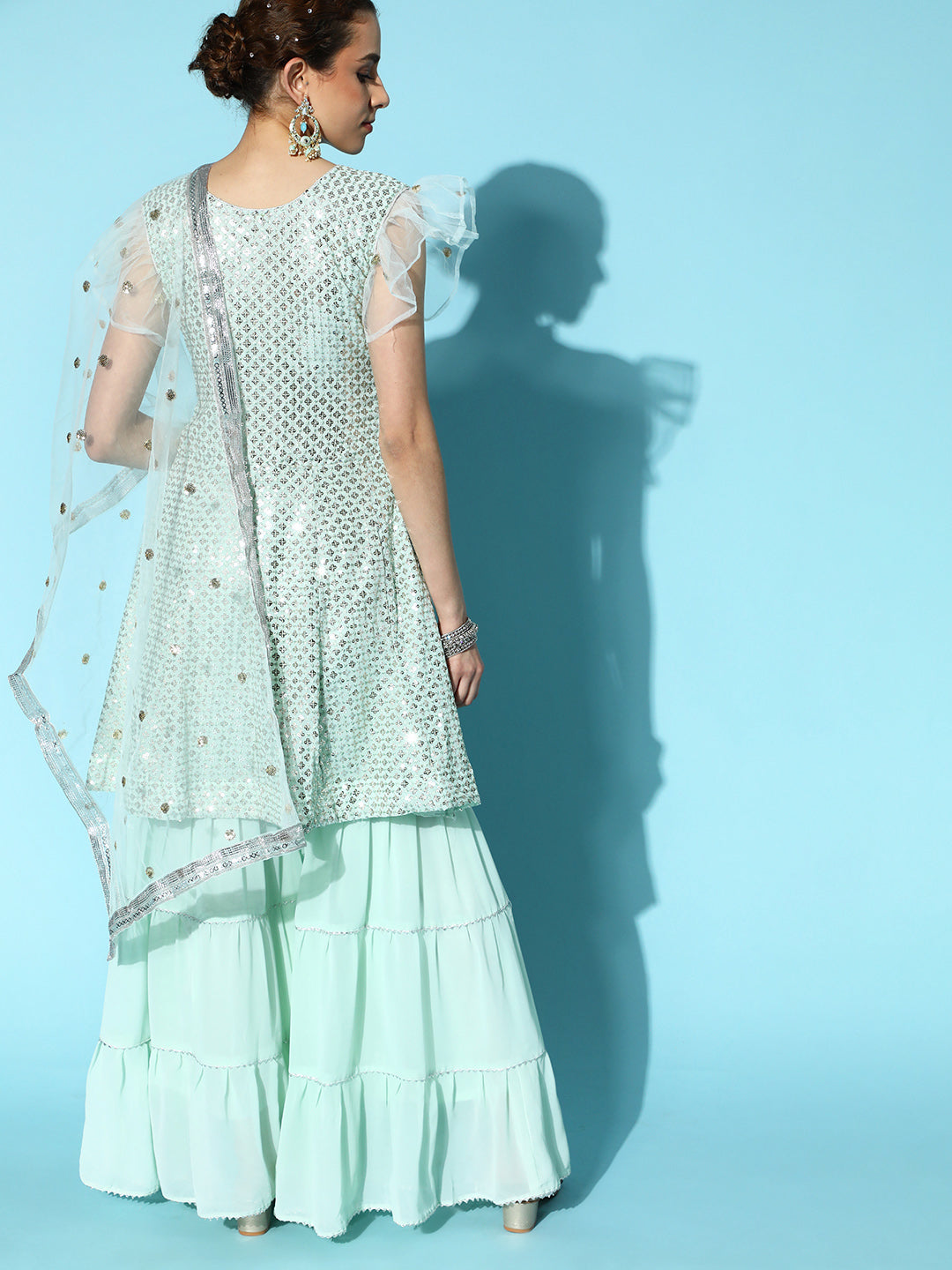 Peplum Flared Suit with Tiered Sharara & Net Dupatta