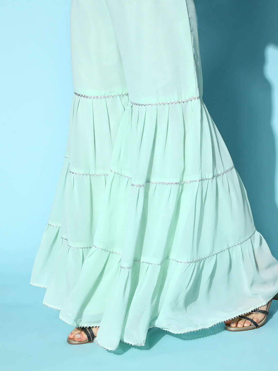Peplum Flared Suit with Tiered Sharara & Net Dupatta