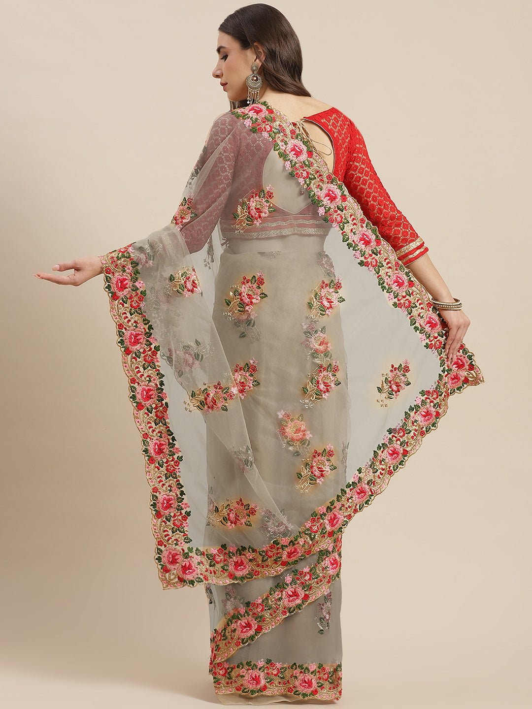 Net Floral Embroidered Saree Embellished With Scalloped Cutwork Border