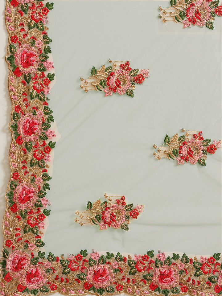 Net Floral Embroidered Saree Embellished With Scalloped Cutwork Border