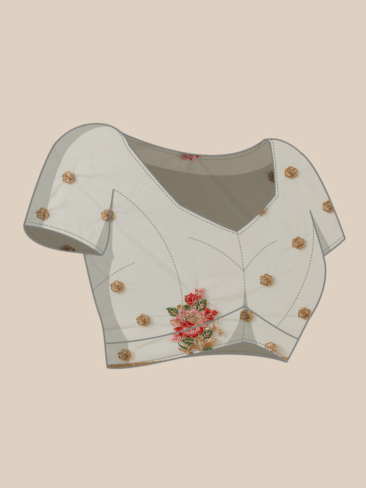 Net Floral Embroidered Saree Embellished With Scalloped Cutwork Border