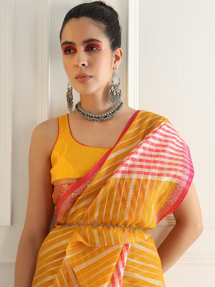 Yellow Chanderi Silk Stripes Woven Traditional Saree