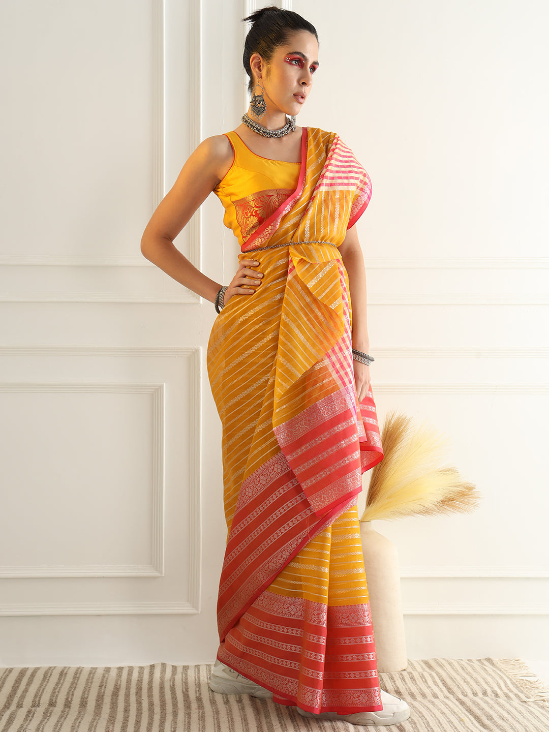 Yellow Chanderi Silk Stripes Woven Traditional Saree